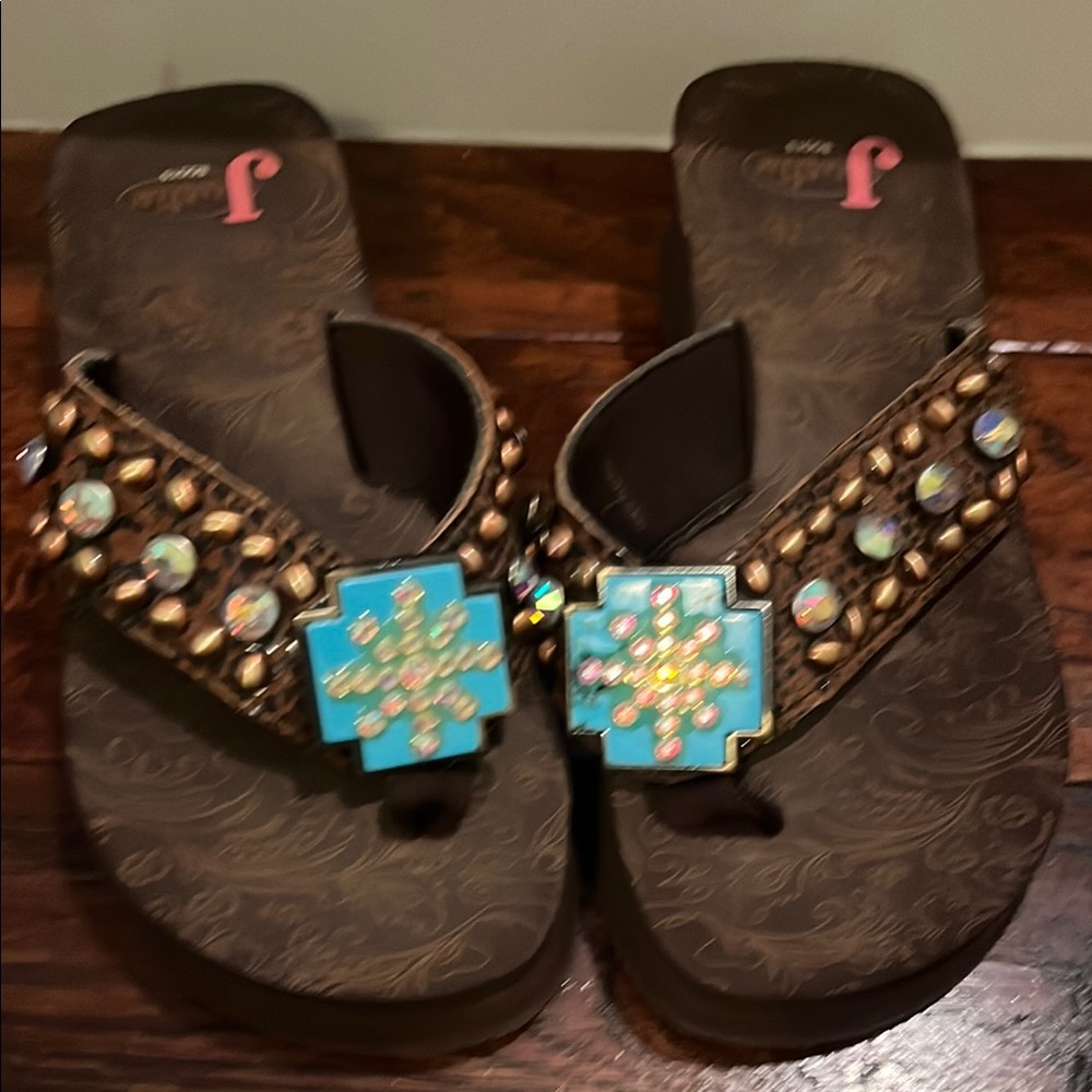 Justin Boots Brown Sandals with Turquoise Accents